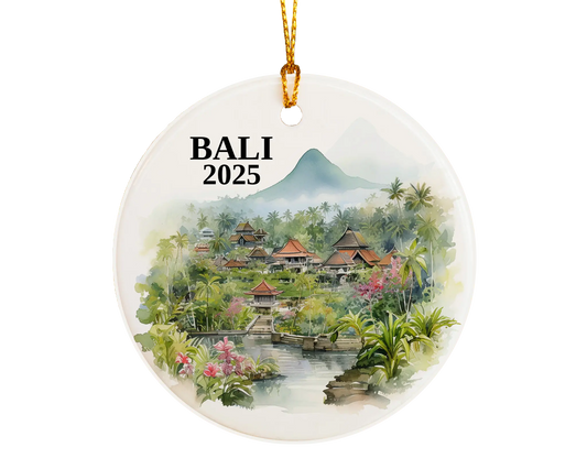 Custom Bali ceramic photo ornament with personalized message – handmade Christmas bauble, gift souvenir, or vacation keepsake.