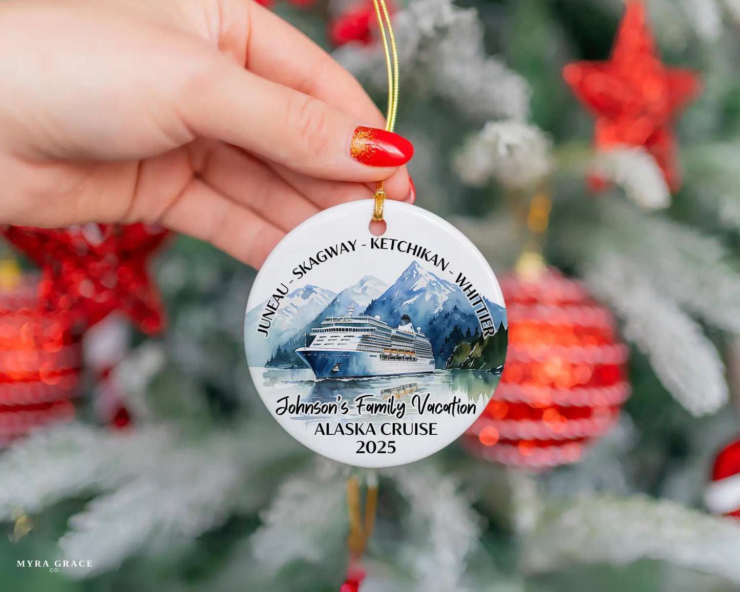 Handmade ceramic Alaska cruise ornament with personalized location and photo – custom Christmas bauble or cruise vacation souvenir.