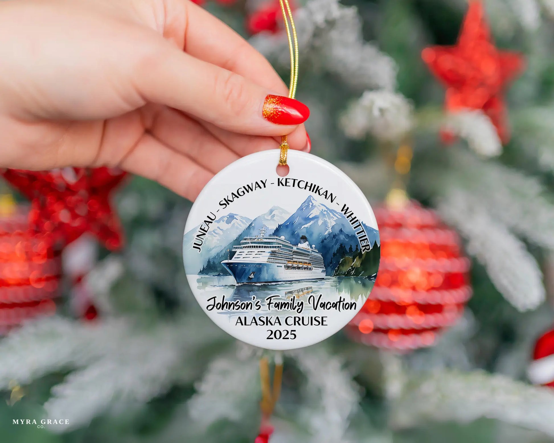 Handmade ceramic Alaska cruise ornament with personalized location and photo – custom Christmas bauble or cruise vacation souvenir.