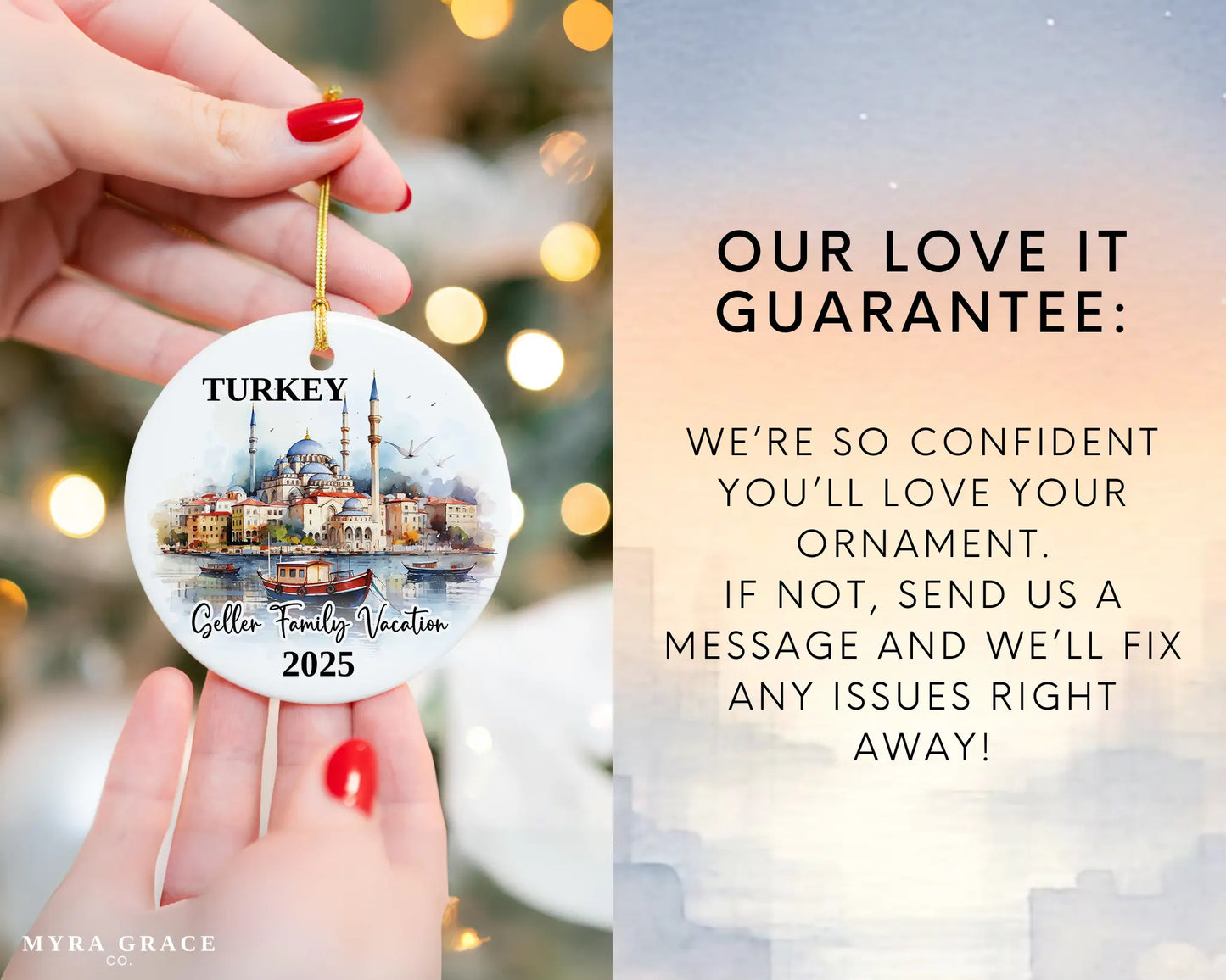 Custom vacation Turkey ceramic photo ornament with personalized message – handmade Christmas bauble, gift souvenir, or vacation keepsake. Love it guarantee