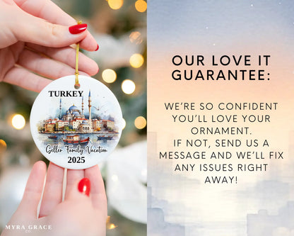 Custom vacation Turkey ceramic photo ornament with personalized message – handmade Christmas bauble, gift souvenir, or vacation keepsake. Love it guarantee