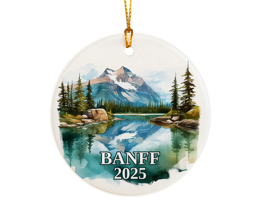 Custom Banff, Canada ceramic photo ornament with personalized message – handmade Christmas bauble, gift souvenir, or vacation keepsake.