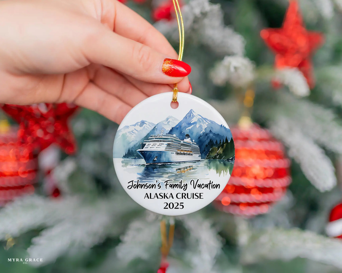 Handmade ceramic Alaska cruise ornament with personalized location and photo – custom Christmas bauble or cruise vacation souvenir. 