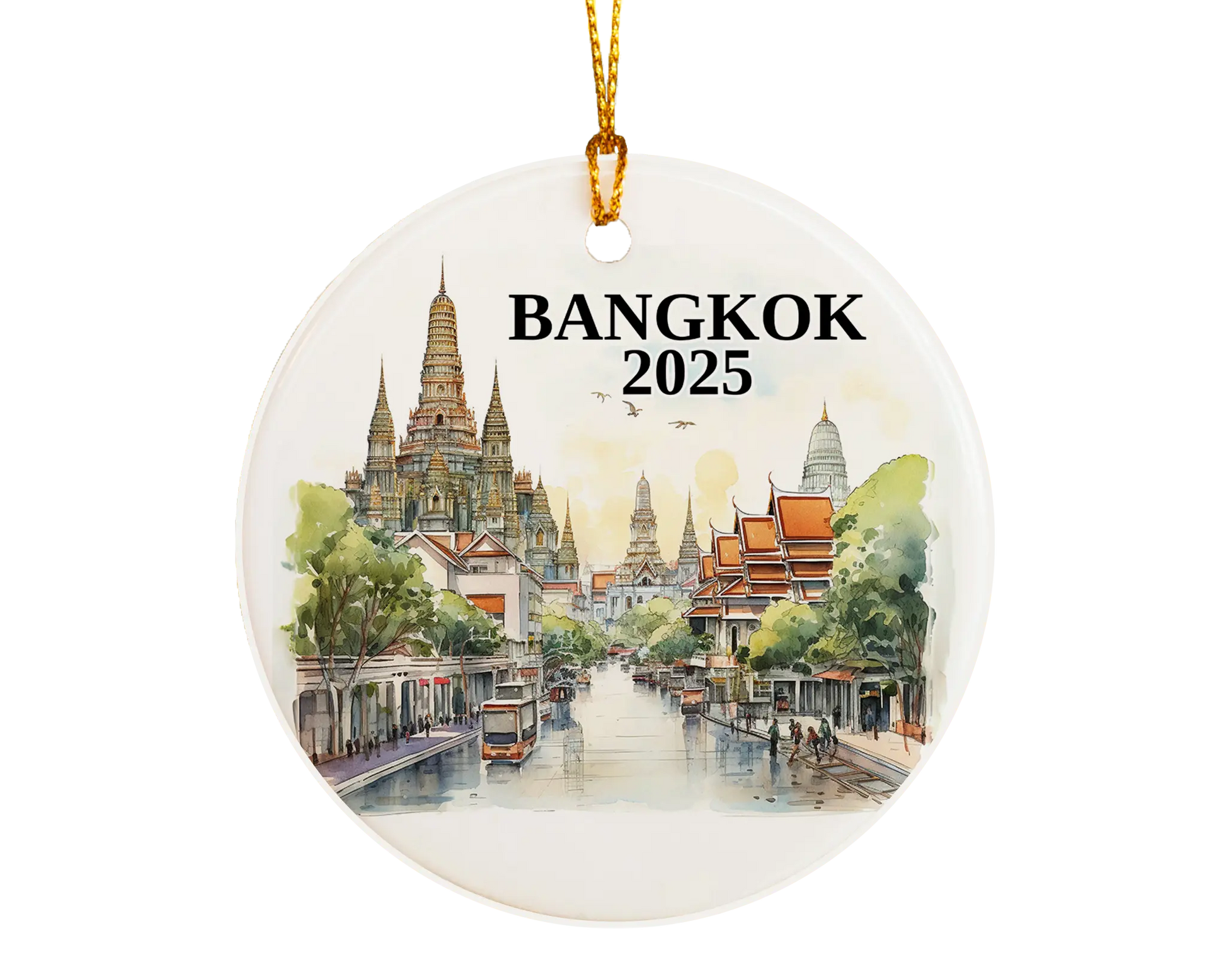 Custom Bangkok, Thailand ceramic photo ornament with personalized message – handmade Christmas bauble, gift souvenir, or vacation keepsake.