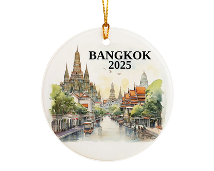 Custom Bangkok, Thailand ceramic photo ornament with personalized message – handmade Christmas bauble, gift souvenir, or vacation keepsake.