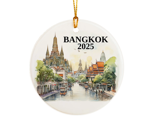 Custom Bangkok, Thailand ceramic photo ornament with personalized message – handmade Christmas bauble, gift souvenir, or vacation keepsake.
