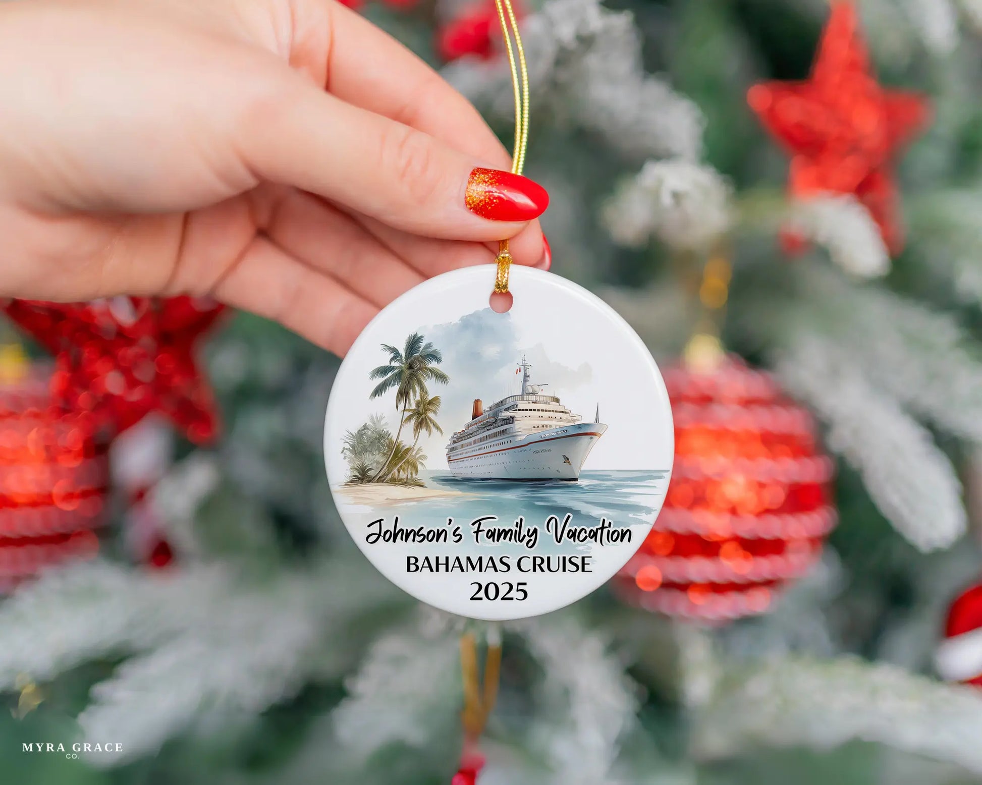 Handmade ceramic Bahamas cruise ornament with personalized location and photo – custom Christmas bauble or cruise vacation souvenir.