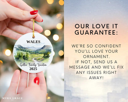 Custom vacation Wales Cymru ceramic photo ornament with personalized message – handmade Christmas bauble, gift souvenir, or vacation keepsake. Love it guarantee