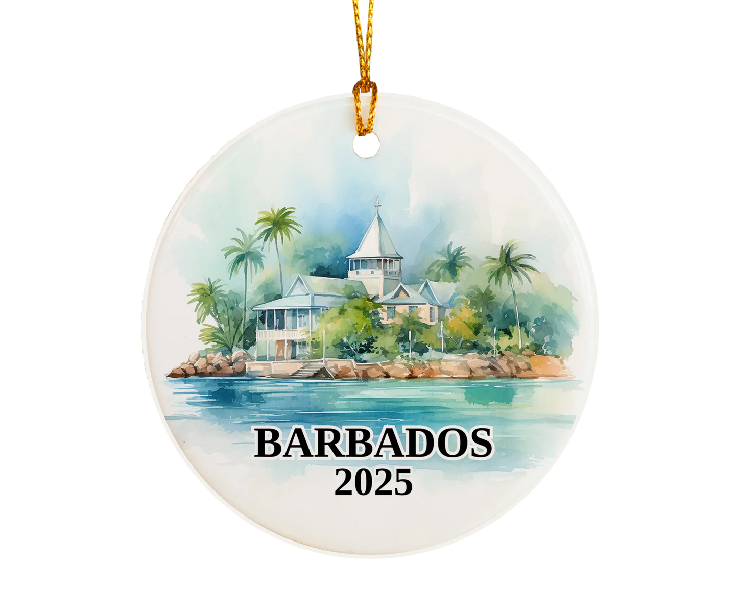 Custom Barbados ceramic photo ornament with personalized message – handmade Christmas bauble, gift souvenir, or vacation keepsake.