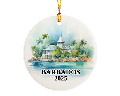 Custom Barbados ceramic photo ornament with personalized message – handmade Christmas bauble, gift souvenir, or vacation keepsake.