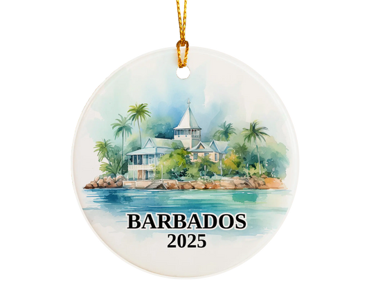 Custom Barbados ceramic photo ornament with personalized message – handmade Christmas bauble, gift souvenir, or vacation keepsake.