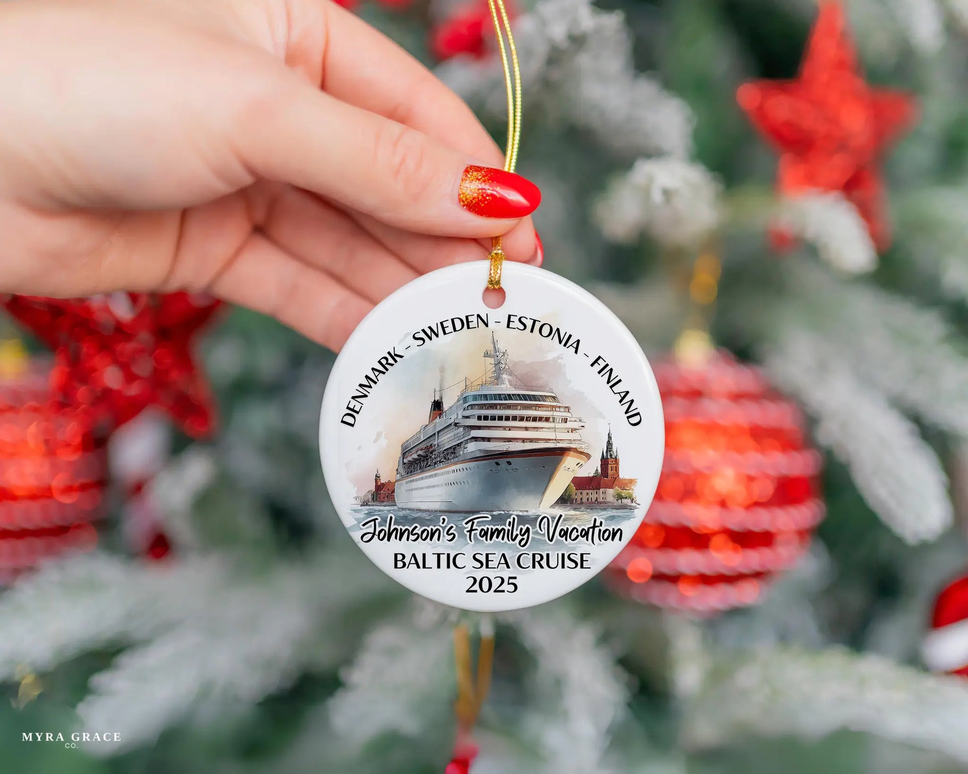 Handmade ceramic Baltic Sea Scandinavia cruise ornament with personalized location and photo – custom Christmas bauble or cruise vacation souvenir.