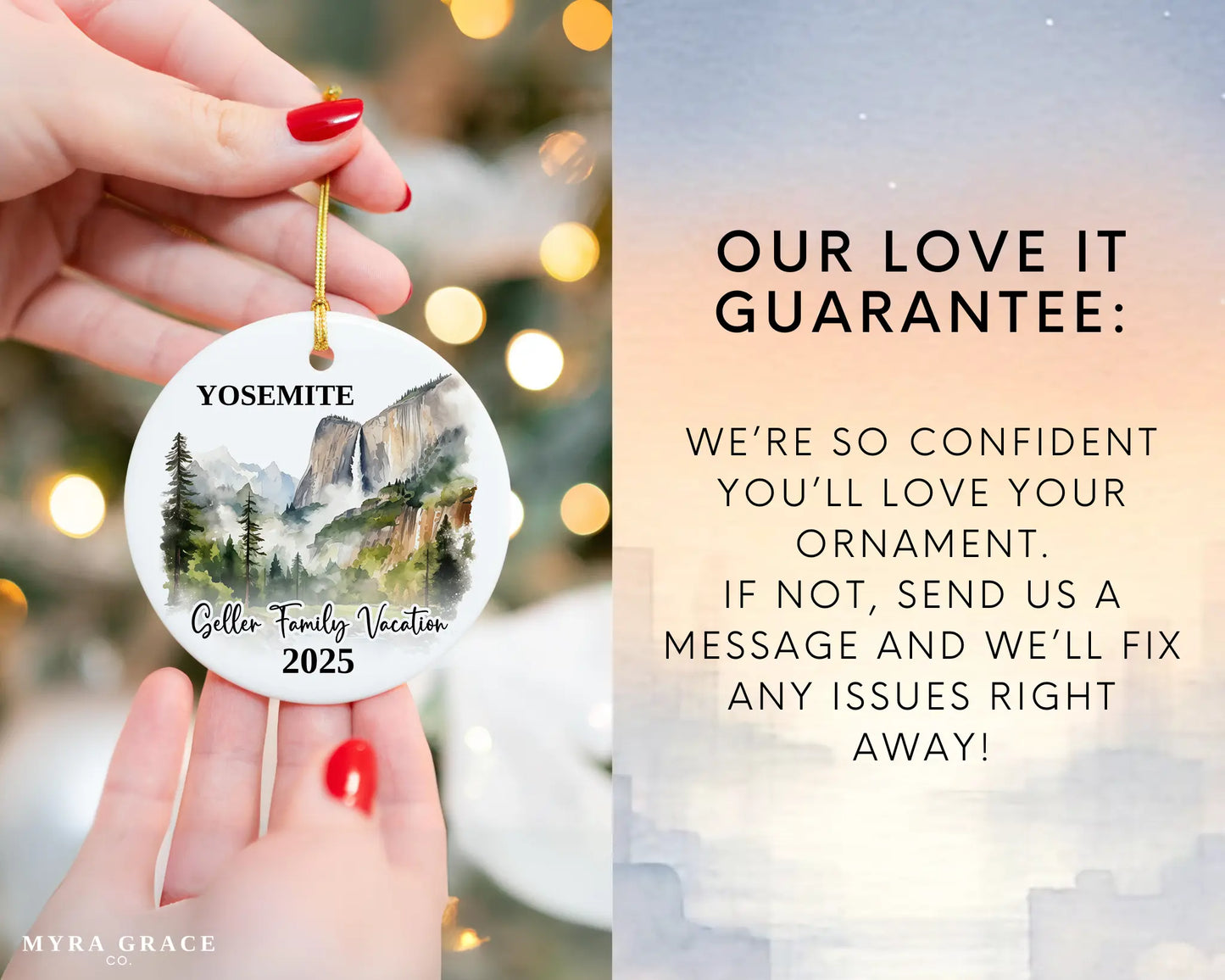 Custom vacation Yosemite ceramic photo ornament with personalized message – handmade Christmas bauble, gift souvenir, or vacation keepsake. Love it guarantee