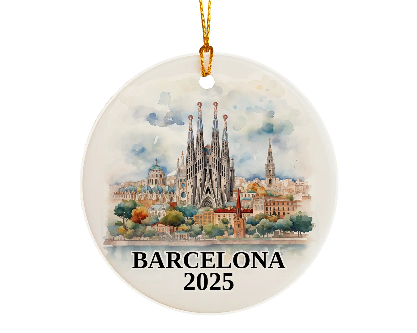 Custom Barcelona, Spain ceramic photo ornament with personalized message – handmade Christmas bauble, gift souvenir, or vacation keepsake. 