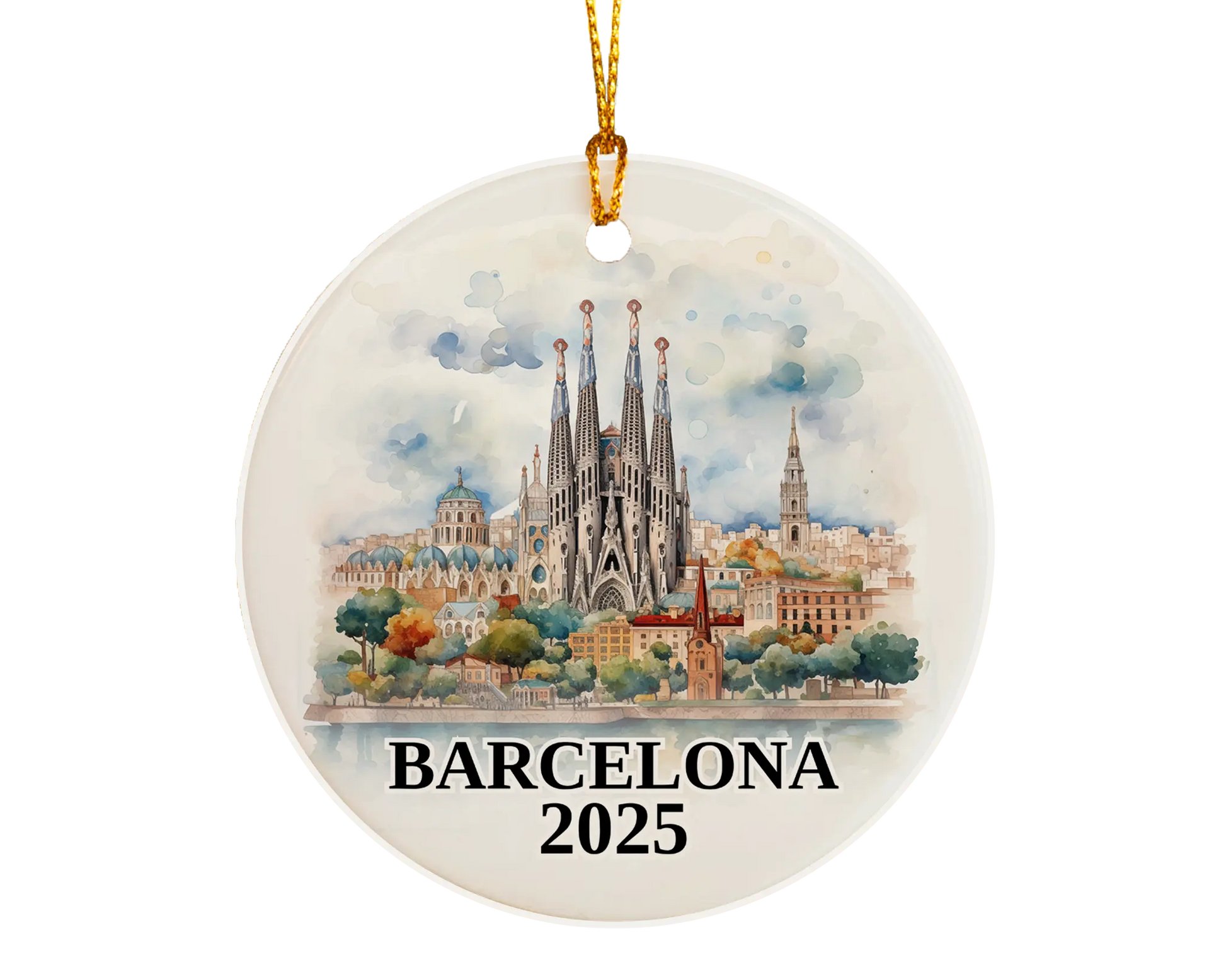 Custom Barcelona, Spain ceramic photo ornament with personalized message – handmade Christmas bauble, gift souvenir, or vacation keepsake. 