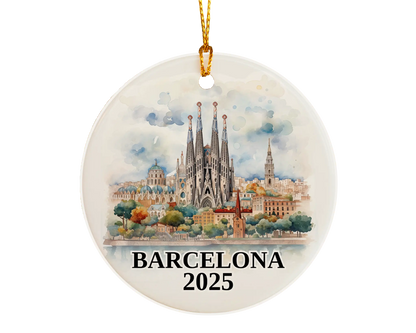 Custom Barcelona, Spain ceramic photo ornament with personalized message – handmade Christmas bauble, gift souvenir, or vacation keepsake. 