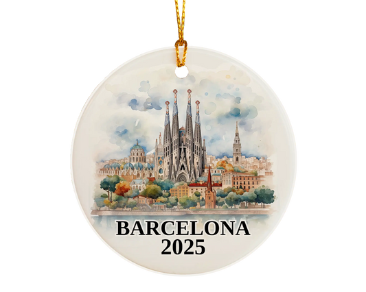 Custom Barcelona, Spain ceramic photo ornament with personalized message – handmade Christmas bauble, gift souvenir, or vacation keepsake. 