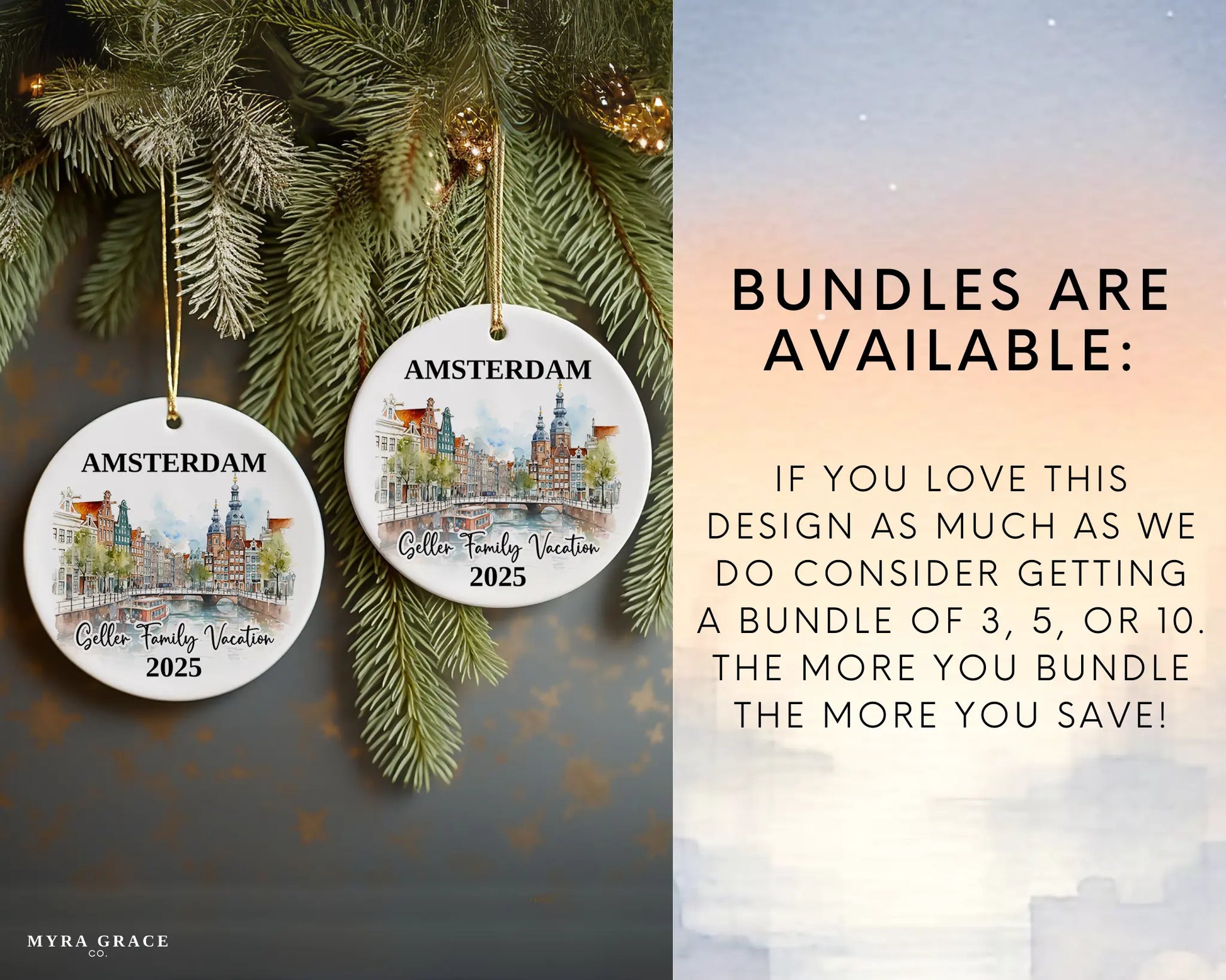 Custom vacation Amsterdam ceramic photo ornament with personalized message – handmade Christmas bauble, gift souvenir, or vacation keepsake. Bundles are available