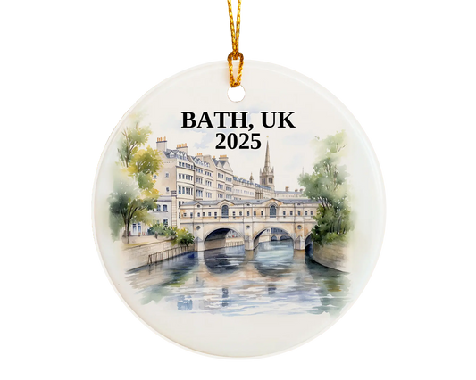 Custom Bath UK ceramic photo ornament with personalized message – handmade Christmas bauble, gift souvenir, or vacation keepsake.