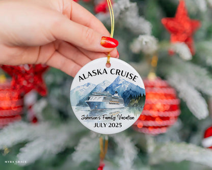 Handmade ceramic Alaska cruise ornament with personalized location and photo – custom Christmas bauble or cruise vacation souvenir.