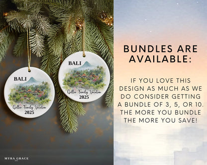 Custom vacation Bali Indonesia ceramic photo ornament with personalized message – handmade Christmas bauble, gift souvenir, or vacation keepsake. Bundles are available