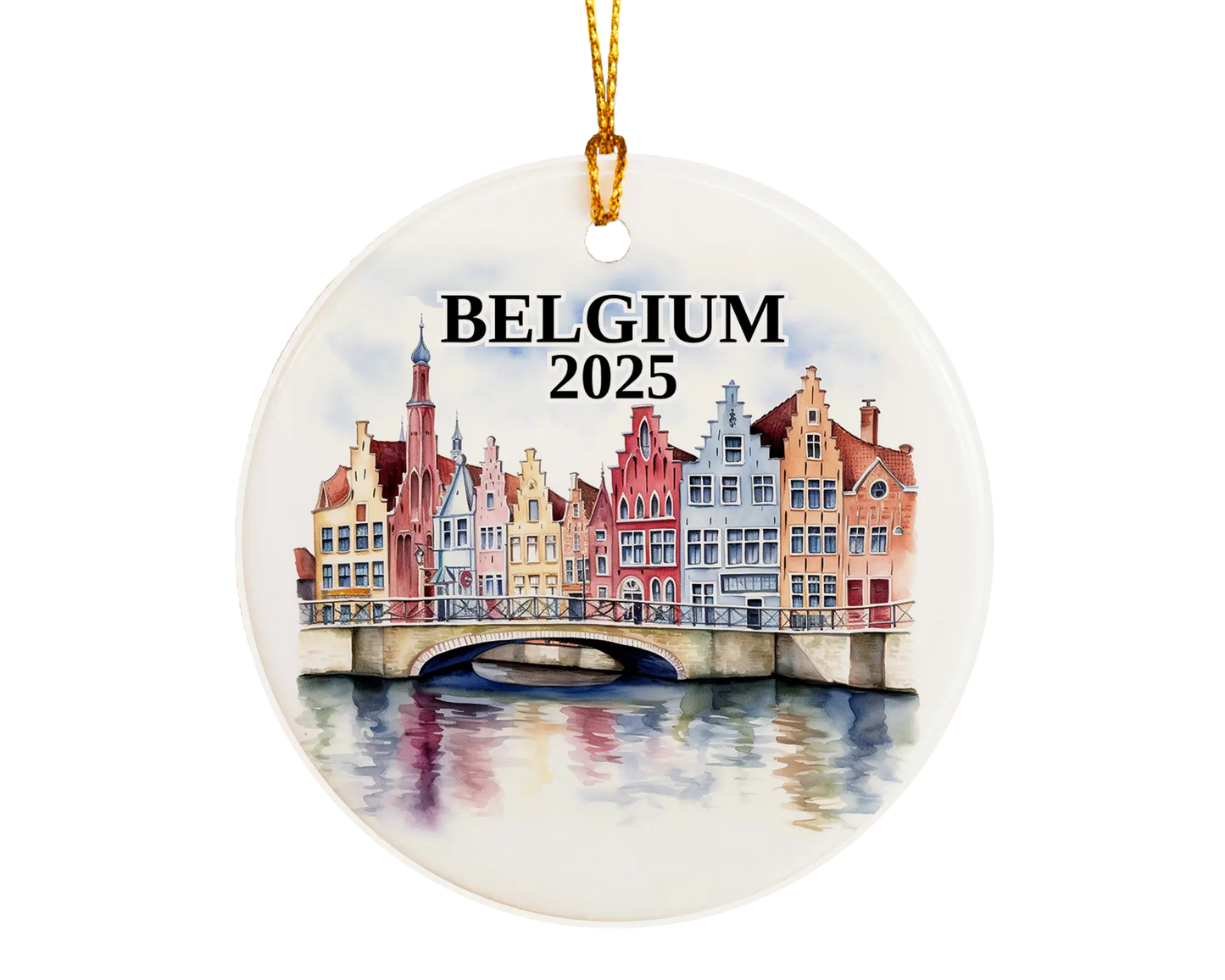 Custom Belgium ceramic photo ornament with personalized message – handmade Christmas bauble, gift souvenir, or vacation keepsake.