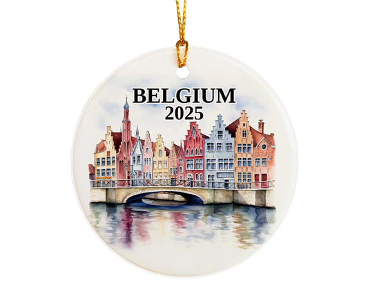 Custom Belgium ceramic photo ornament with personalized message – handmade Christmas bauble, gift souvenir, or vacation keepsake.