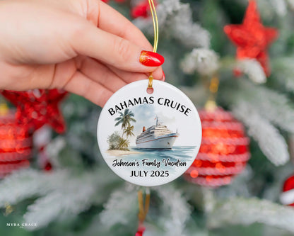Handmade ceramic Bahamas cruise ornament with personalized location and photo – custom Christmas bauble or cruise vacation souvenir.