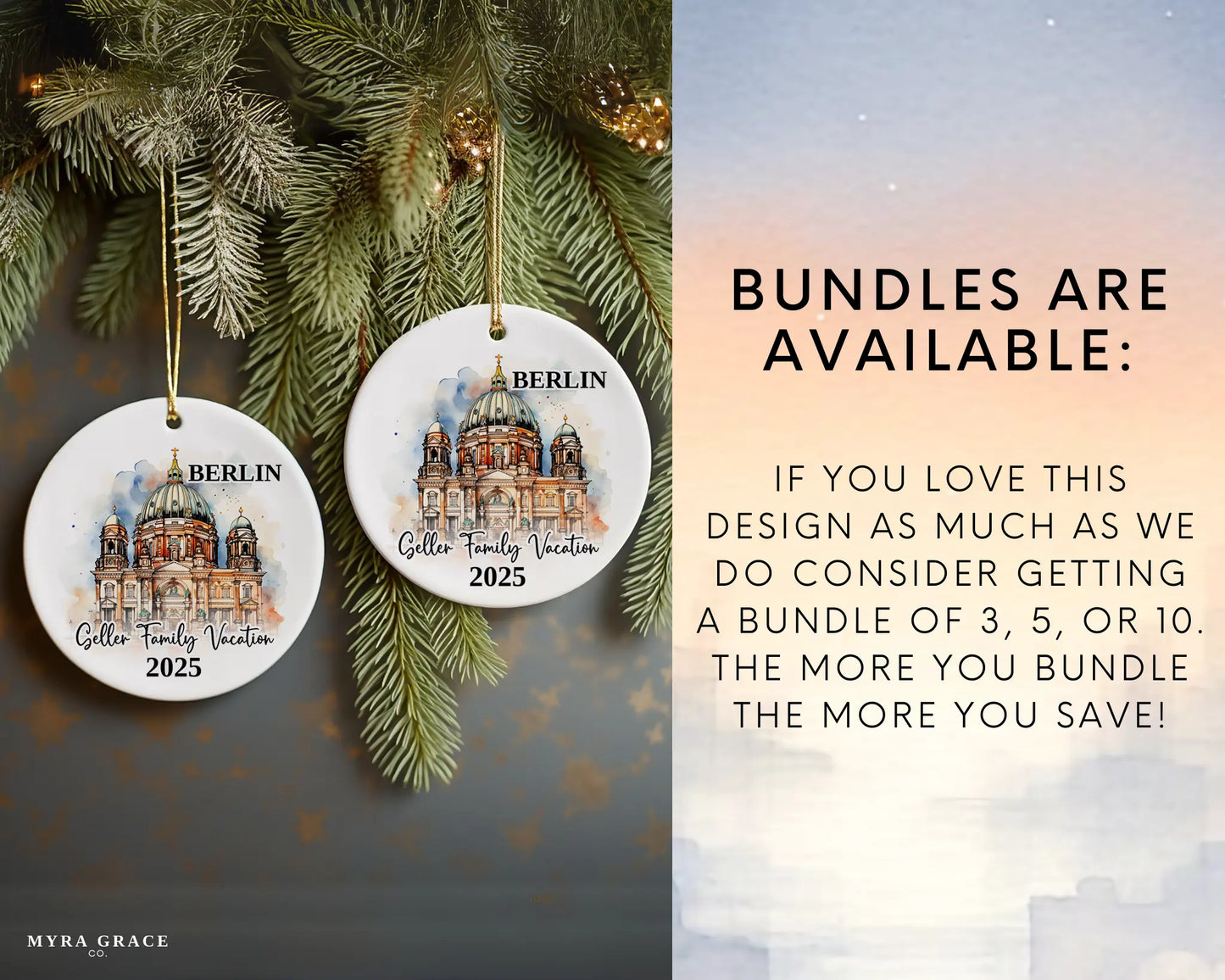 Custom vacation Berlin Germany ceramic photo ornament with personalized message – handmade Christmas bauble, gift souvenir, or vacation keepsake. Bundles are available