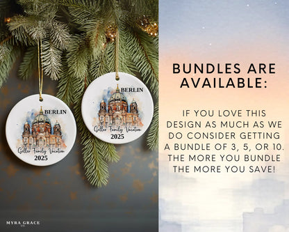 Custom vacation Berlin Germany ceramic photo ornament with personalized message – handmade Christmas bauble, gift souvenir, or vacation keepsake. Bundles are available