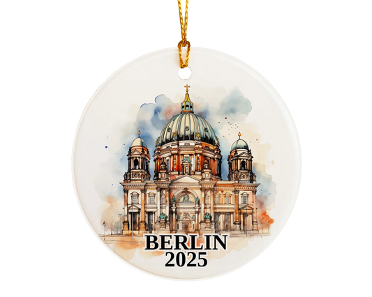 Custom Berlin Germany ceramic photo ornament with personalized message – handmade Christmas bauble, gift souvenir, or vacation keepsake.