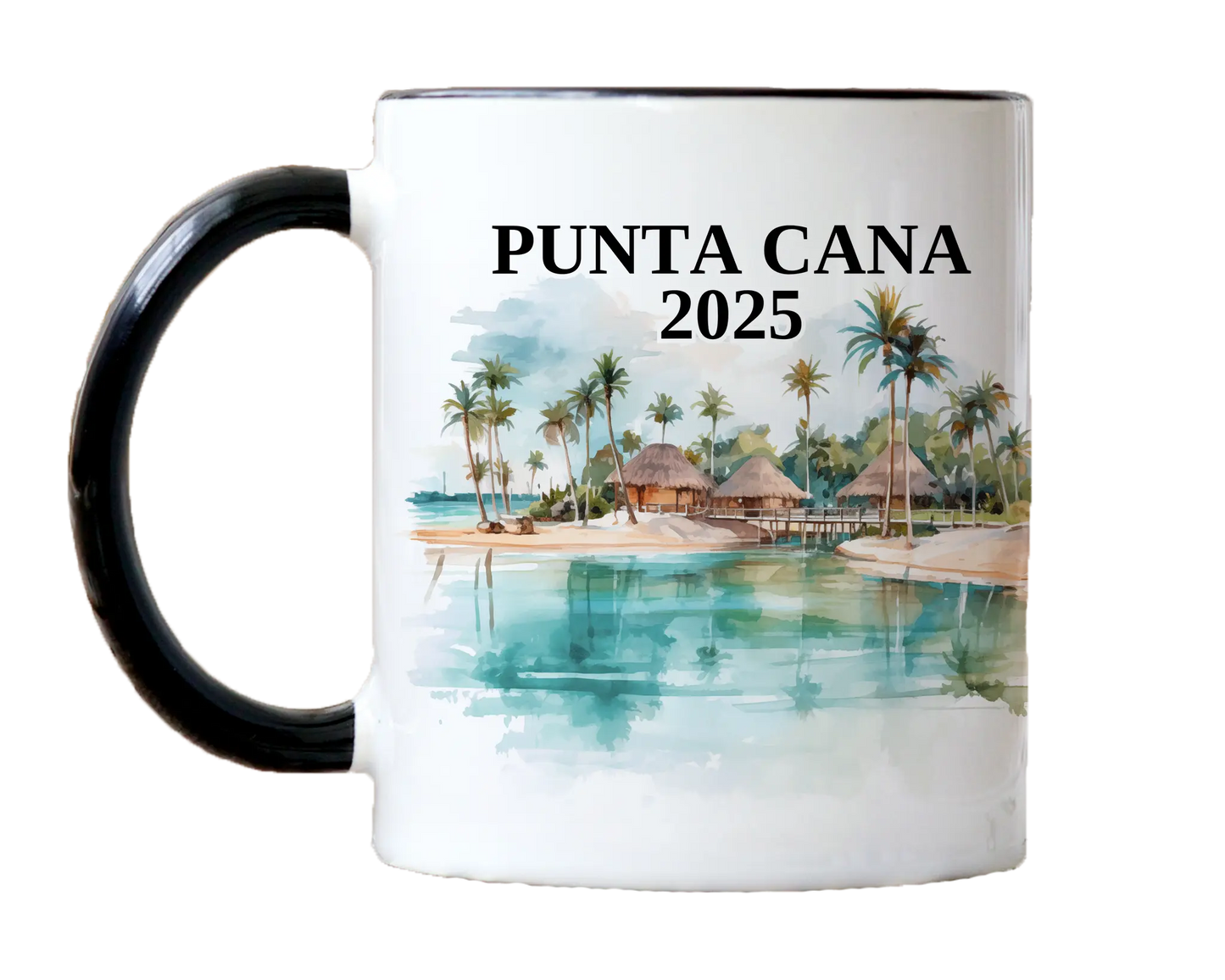 Custom ceramic Punta Cana vacation mug with watercolor location design, date, and personal photo – personalized travel gift or photo mug. 