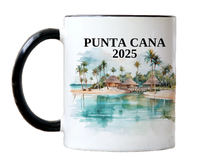 Custom ceramic Punta Cana vacation mug with watercolor location design, date, and personal photo – personalized travel gift or photo mug. 