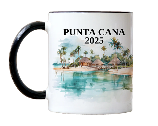 Custom ceramic Punta Cana vacation mug with watercolor location design, date, and personal photo – personalized travel gift or photo mug. 