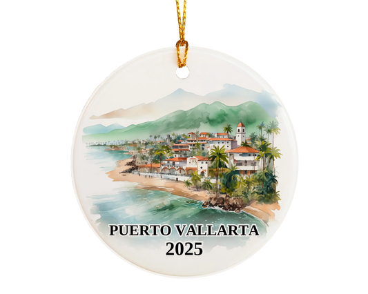 Custom Puerto Vallarta Mexico ceramic photo ornament with personalized message – handmade Christmas bauble, gift souvenir, or vacation keepsake.  