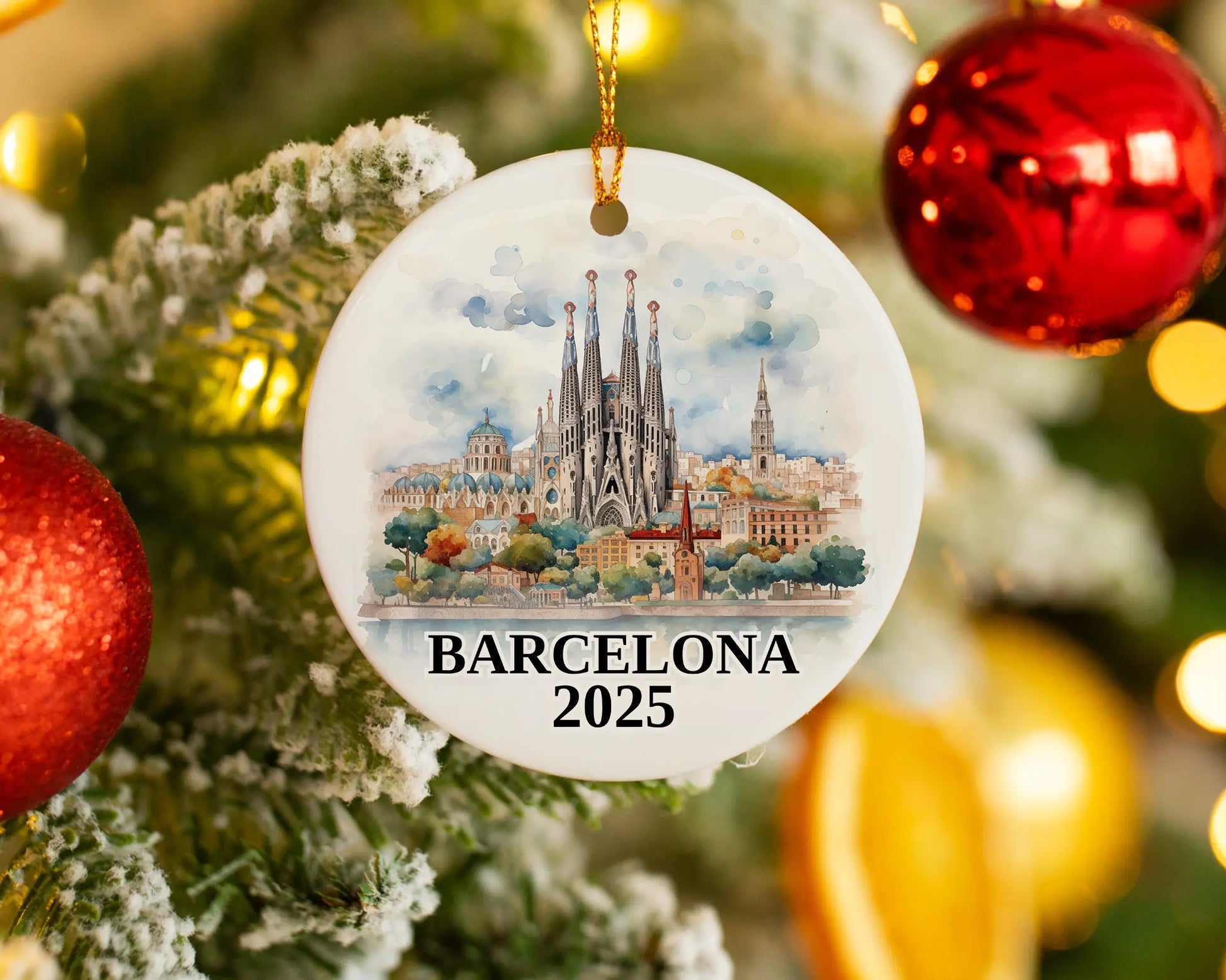 Custom Barcelona, Spain ceramic photo ornament with personalized message – handmade Christmas bauble, gift souvenir, or vacation keepsake. 