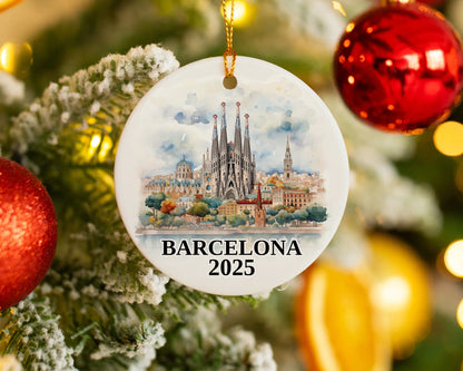 Custom Barcelona, Spain ceramic photo ornament with personalized message – handmade Christmas bauble, gift souvenir, or vacation keepsake. 