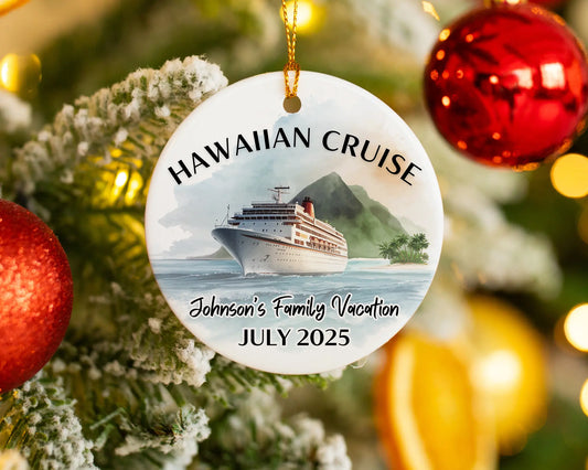 Handmade ceramic Hawaii cruise ornament with personalized location and photo – custom Christmas bauble or cruise vacation souvenir.