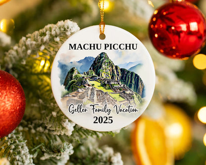 Custom vacation Machu Picchu ceramic photo ornament with personalized message – handmade Christmas bauble, gift souvenir, or vacation keepsake. 