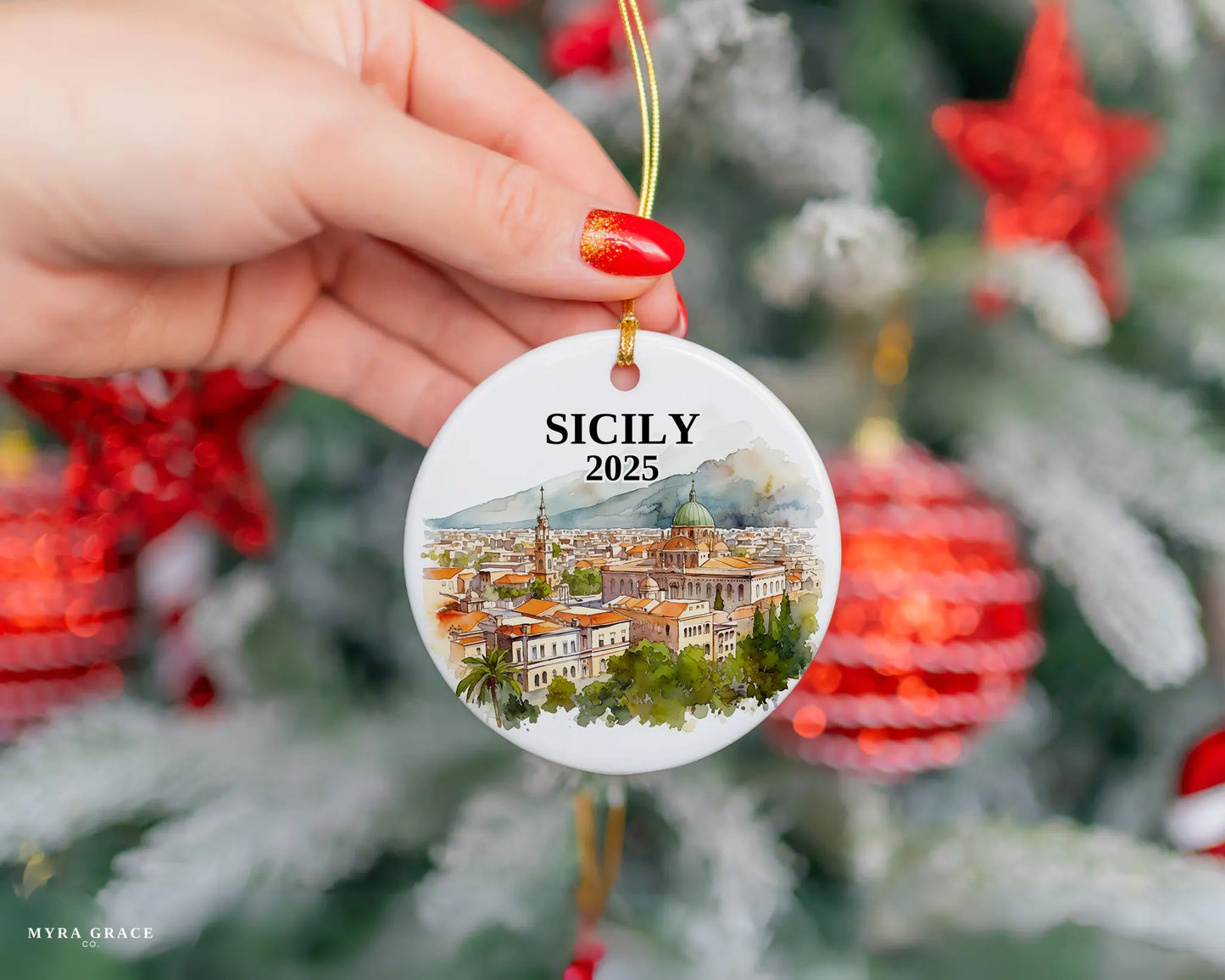 Sicily Italy Ornament Custom Gift Souvenir Bauble. Custom Sicily Italy ceramic photo ornament with personalized message – handmade Christmas bauble, gift souvenir, or vacation keepsake.  