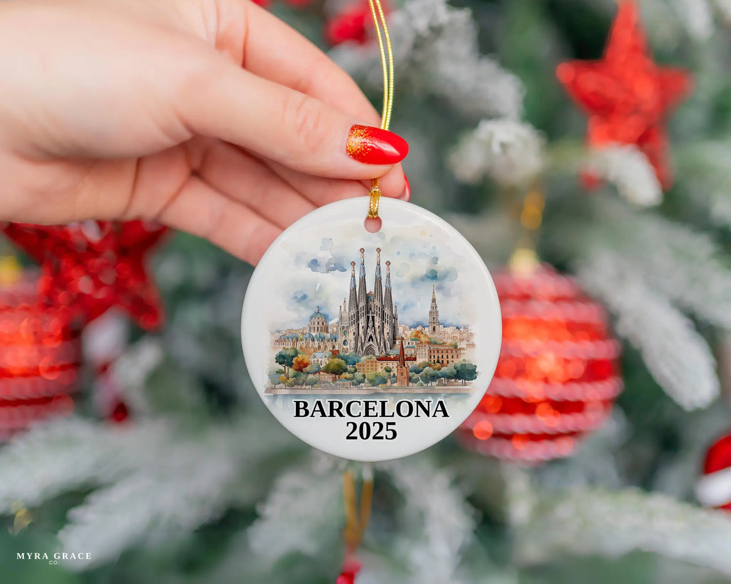 Custom Barcelona, Spain ceramic photo ornament with personalized message – handmade Christmas bauble, gift souvenir, or vacation keepsake. 
