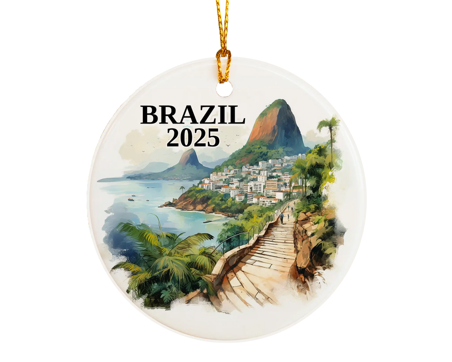 Custom Brazil ceramic photo ornament with personalized message – handmade Christmas bauble, gift souvenir, or vacation keepsake.