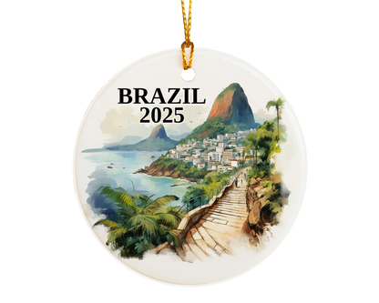 Custom Brazil ceramic photo ornament with personalized message – handmade Christmas bauble, gift souvenir, or vacation keepsake.