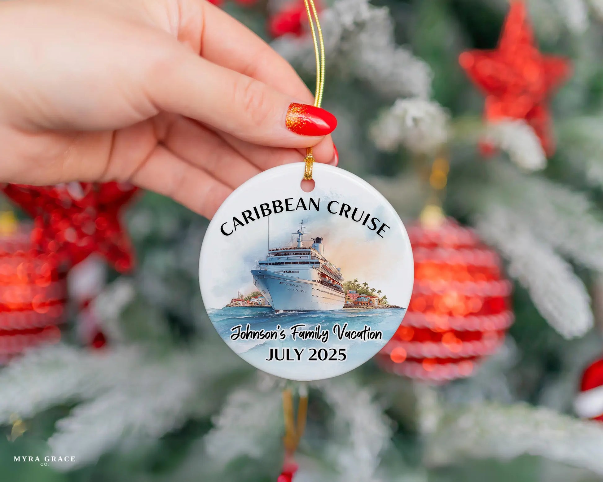 Handmade ceramic Caribbean cruise ornament with personalized location and photo – custom Christmas bauble or cruise vacation souvenir.