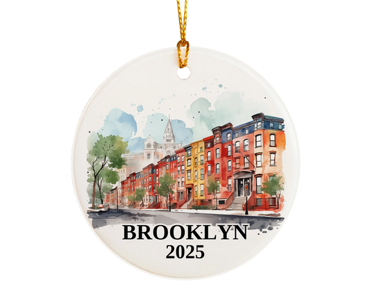 Custom Brooklyn ceramic photo ornament with personalized message – handmade Christmas bauble, gift souvenir, or vacation keepsake. 