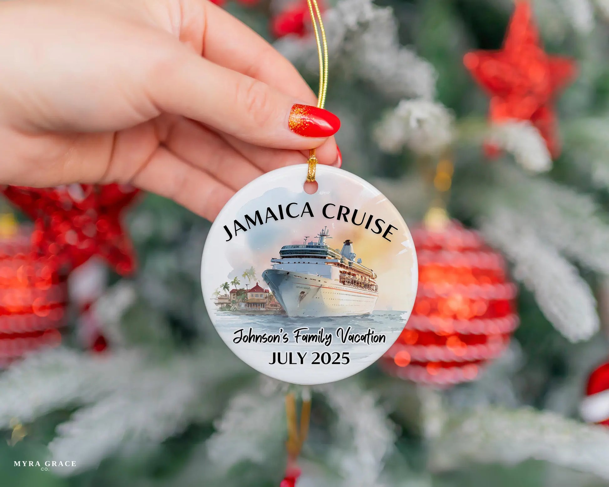 Handmade ceramic Jamaica cruise ornament with personalized location and photo – custom Christmas bauble or cruise vacation souvenir.