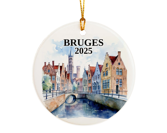 Custom Bruges, Belgium ceramic photo ornament with personalized message – handmade Christmas bauble, gift souvenir, or vacation keepsake.