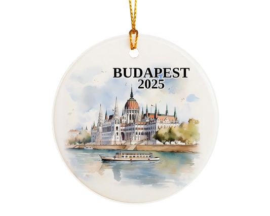 Custom Budapest, Hungary ceramic photo ornament with personalized message – handmade Christmas bauble, gift souvenir, or vacation keepsake.