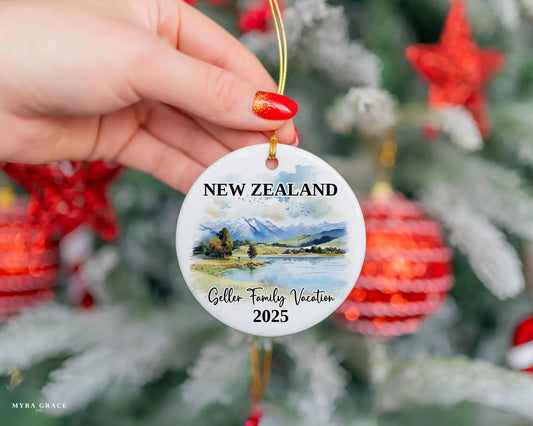 Custom vacation New Zealand ceramic photo ornament with personalized message – handmade Christmas bauble, gift souvenir, or vacation keepsake. 