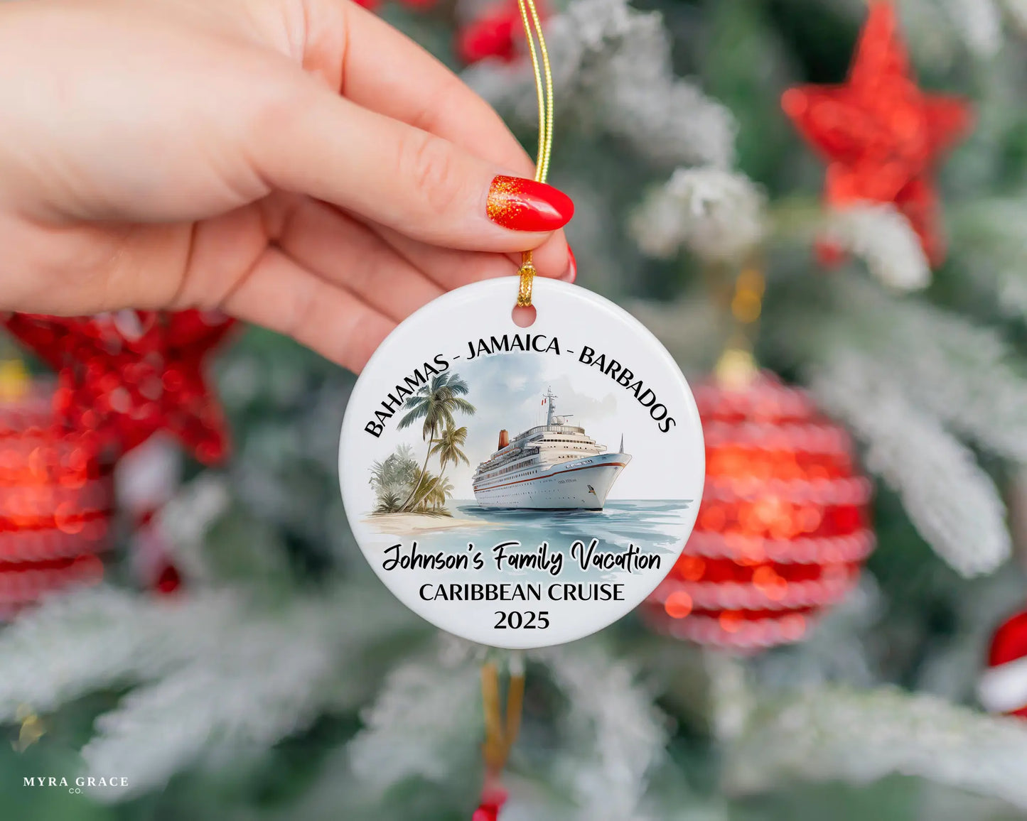 Handmade ceramic Caribbean cruise ornament with personalized location and photo – custom Christmas bauble or cruise vacation souvenir.